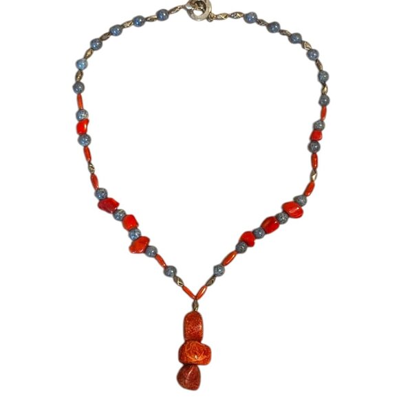 Red Coral Sodalite Stone Lariat Necklace Handmade Native Inspired Boho Choker - Picture 2 of 5